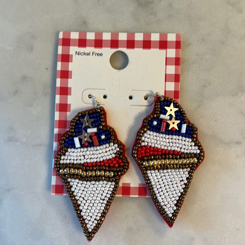 Handmade Fourth of July, summer, red, white, & blue and gold ice cream earrings